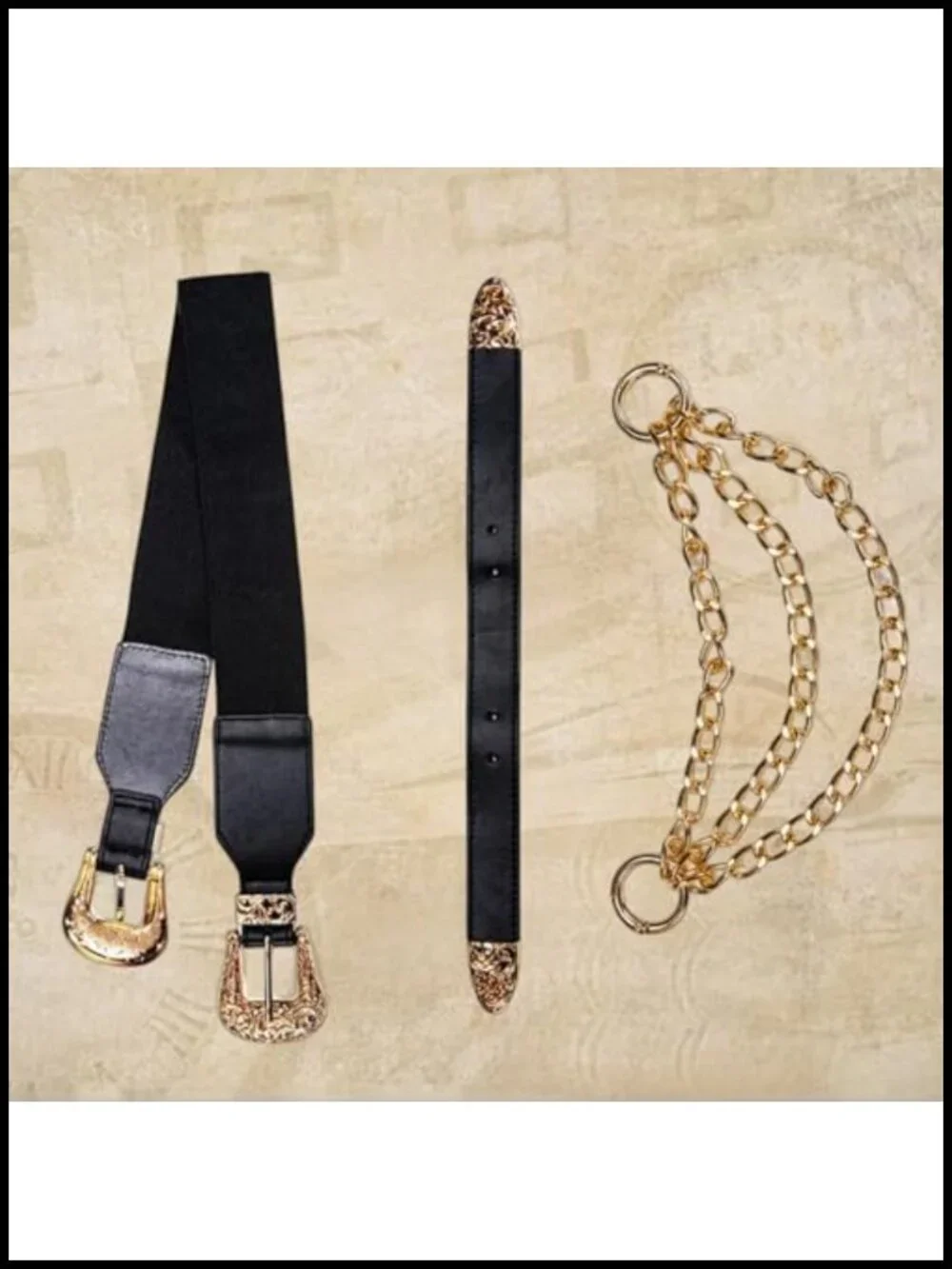Vintage Western Adjustable Elastic Belts with Double Buckle and Gold Chain